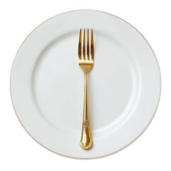 Minimalist overhead view of a polished gold fork centered on a clean white ceramic plate ,isolated on transparent background