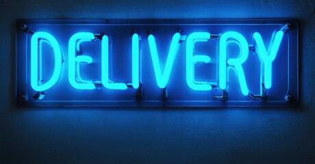 Bright neon sign spells delivery. Blue glow illuminates textured wall. Simple, direct message. Modern aesthetic.
