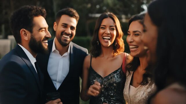 happy wedding guests celebrating at outdoor sunset reception party