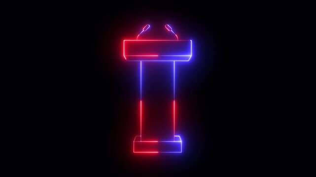 Glowing neon Podium Tribune Rostrum Stand with Microphones icon isolated on black background. Stage stand or debate podium rostrum icon animation. Conference speech tribune. 4k video animation.