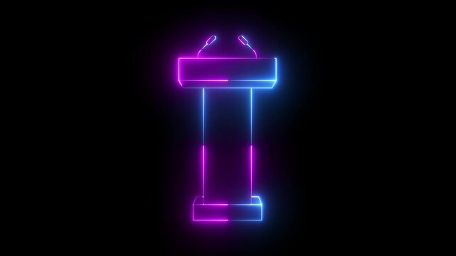 Glowing neon Podium Tribune Rostrum Stand with Microphones icon isolated on black background. Stage stand or debate podium rostrum icon animation. Conference speech tribune. 4k video animation.