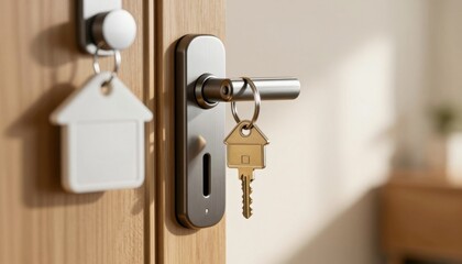Close-up of a house-shaped key hanging on a sleek metal door handle attached to a wooden door, symbolizing home security and real estate ownership.