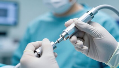 Certified surgeon wearing sterile gloves handling advanced surgical instrument during operation in a modern hospital setting ensuring precision and safety.