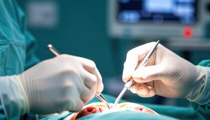 Close-up of surgeon hands wearing sterile gloves using precision surgical instruments during a medical procedure in a modern operating room environment.