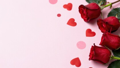 Elegant red roses surrounded by scattered heart-shaped paper cutouts on a soft pink background, perfect for romantic, love, and celebration themes.