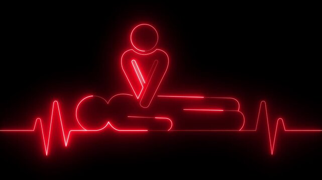 neon heartbeat icon animation. CPR chest compressions showing medical resuscitation technique for training, safety, and emergency education. CPR chest compressions heartbeat signal icon. 4k video.