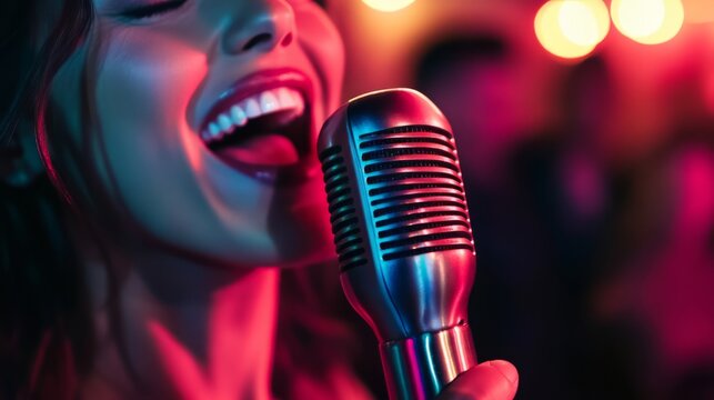 Woman singer performing on stage with vintage microphone. Live music concert or karaoke night. Entertainment and vocal art concept.