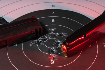 A black handgun and loaded magazine placed on a paper shooting target with multiple bullet holes in the bullseye zone.
