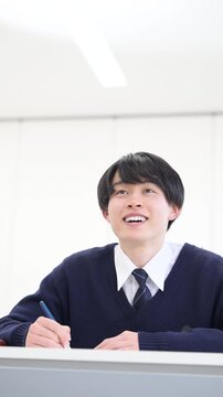 勉強を頑張って「わかった！」と理解が進む教室での授業や塾などのイメージの笑顔の男子高生の縦動画　頑張れ！受験生
