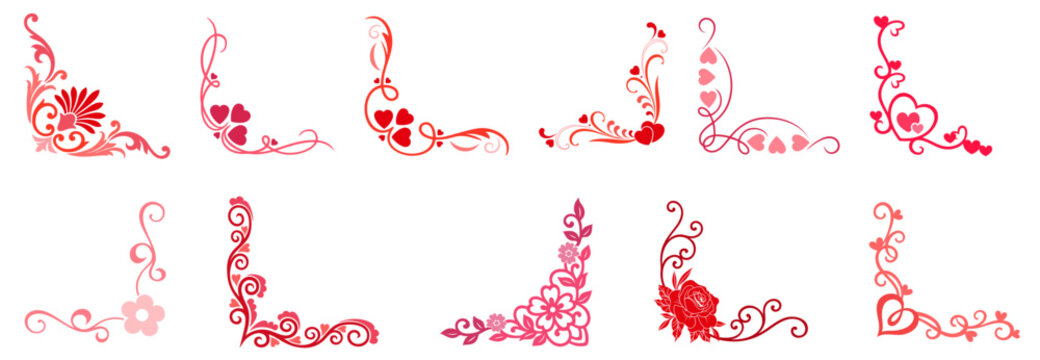Valentine&rsquo;s Day Corner Ornament Set with Hearts, Floral Swirls, Roses and Wedding Rings &mdash; Decorative Corner Elements for Romantic Frames, Love Cards and Invitations