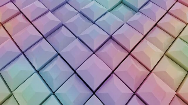 Abstract three dimensional square tiles with soft rainbow gradients arranged in a grid pattern provide a structured design background.