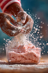 Fototapeta premium A young girl happily making pink slime at home, mixing ingredients in a bowl, surrounded by colorful craft supplies and the gooey, stretchy result of her creative sensory play.