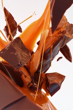 Trozos de chocolate oscuro ba&ntilde;ados en caramelo l&iacute;quido fondo blanco, Explosi&oacute;n de sabor chocolate premium con caramelo dorado delicioso, Publicidad de postre chocolate y caramelo para banner premium