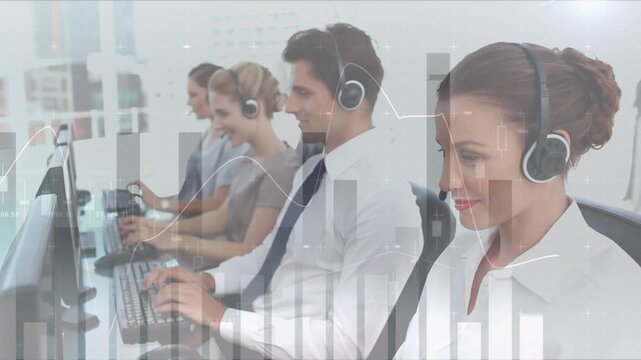 Animation of financial data processing over diverse business people using phone headsets