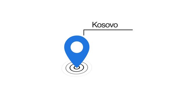Kosovo location marker animation on transparent background. Kosovo map label with location pin symbol. Kosovo  map with destination location concept