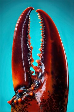 Garra de langosta roja brillante sobre fondo azul turquesa, Delicia marina premium pinza de langosta para gastronom&iacute;a de lujo, Ingrediente estrella de mariscos frescos para recetas gourmet