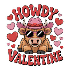 Cute Highland Cow Valentine Illustration with Howdy Valentine Quote Cartoon Design