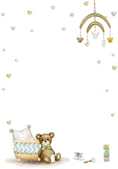 Fototapeta premium Cute teddy bear. Watercolor frame, banner, backdrop for birthday, gender party, baby shower, children's party. Vertical card, poster, invitation, greeting card. Scandinavian style, boho, retro. 