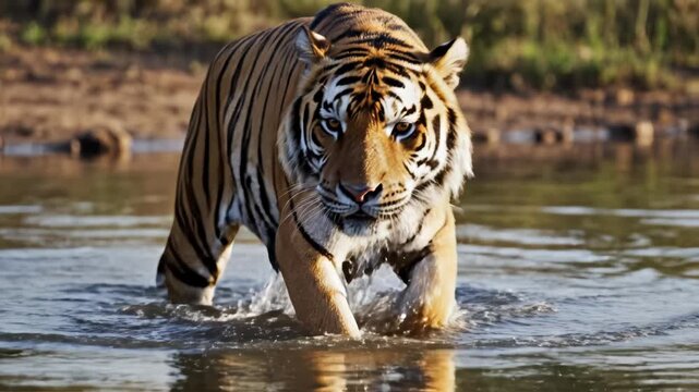 Tiger in water looking at camera