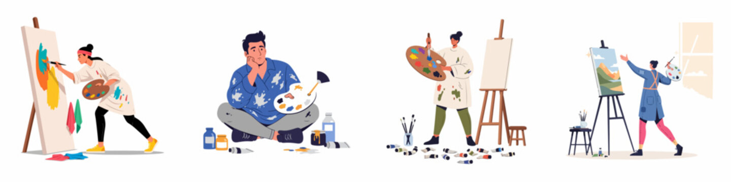 Vector set of diverse artists painting on canvas, showing the creative process, inspiration, and studio work with easels and palettes.