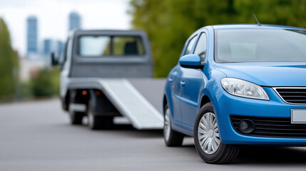 Fototapeta premium Tow truck arriving to transport a broken down blue car, providing roadside assistance and breakdown recovery services on a city road, copy space