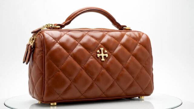 The image shows a brown leather handbag. The handbag features a quilted design and a distinctive logo on the front.