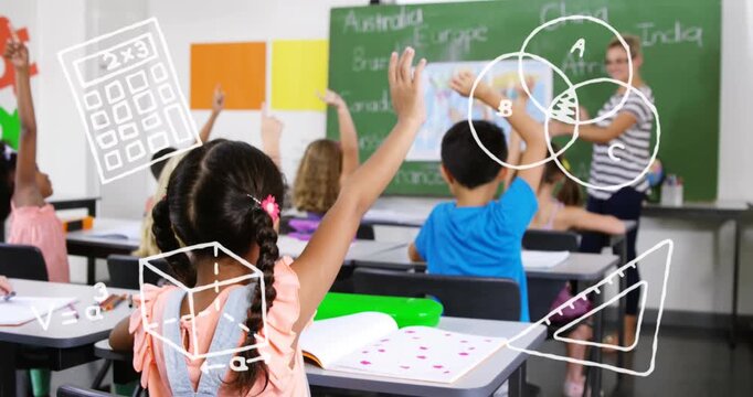 Animation of school items icons over students in classroom