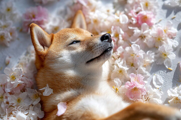 桜の花びらに包まれて眠る柴犬
