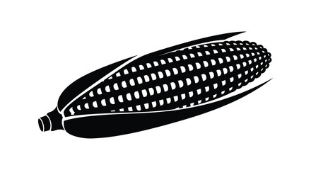 A striking black silhouette depicts a full ear of corn with husks partially peeled back showcasing detailed kernels silhouette
