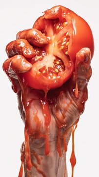 Mano apretando tomate rojo pulpa goteando, Explosi&oacute;n de sabor tomate natural vibrante y fresco, Fondo para anuncio de salsa de tomate casera creativa