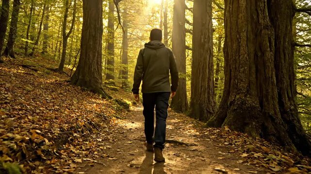 Walking man on forest trail. Hiker walking along sunlight path. Back view shows steady pace past tall tree. Autumn leaf and fallen foliage cover ground. Nature and solitude shape calm outdoor hike.