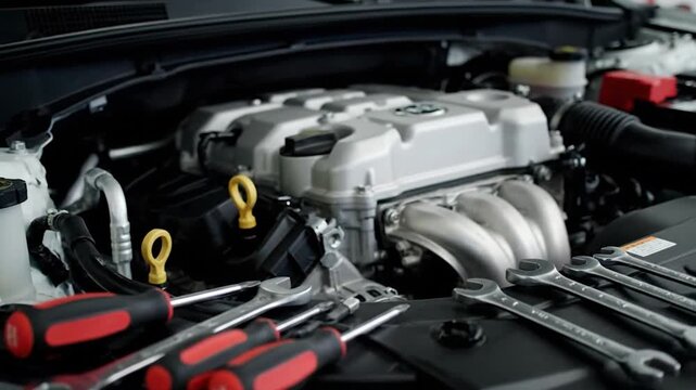 Automotive engine compartment with various mechanical tools laid out for repair service cinematic close up view