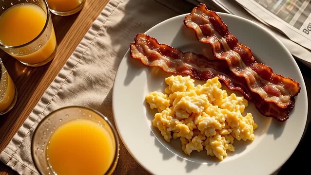 Delicious Breakfast Plate with Scrambled Eggs and Crispy Bacon
