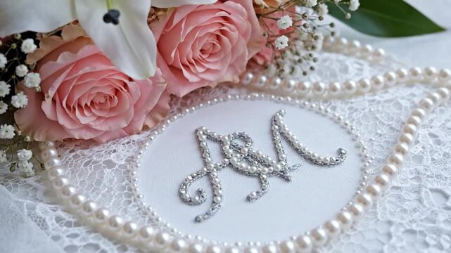 A delicate crystal monogram surrounded by pink roses and pearl necklaces on a white lace fabric viewed from above.