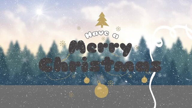 Animation of snow falling over merry christmas text banner against winter landscape