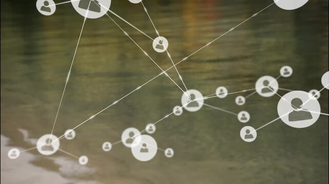 Animation of network of connections with icons over reflection in water