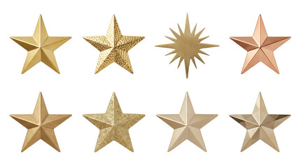 Obraz premium Golden star collection including metallic 3d shapes, hammered textures, glitter finish, sunburst design, and faceted ornaments isolated. Christmas decoration and award symbols.