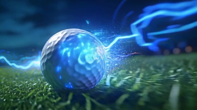 A vibrant image of a golf ball on green grass, energized with blue electricity. Perfect for conveying power, precision, or innovation in sports or technology. Captures a dynamic and compelling scene