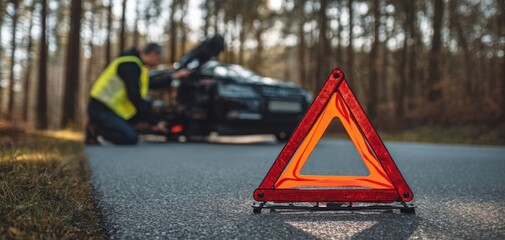 The Emergency Triangle Focused in Foreground with Stranded Car Being Repaired by Driver