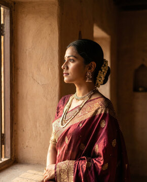 Traditional Indian Woman in Saree Looking Out Window