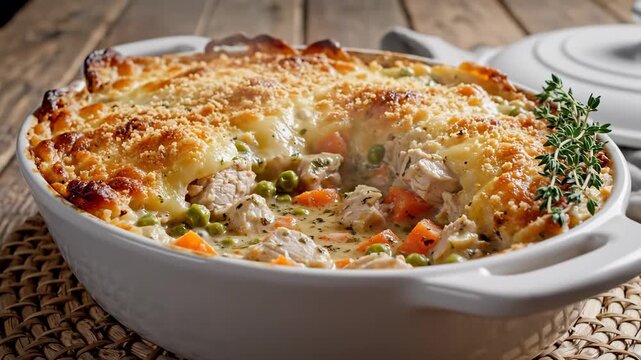 A baked casserole sits on a textured surface, emitting steam. The casserole contains chicken, vegetables, and a golden crust, making it an inviting dish.