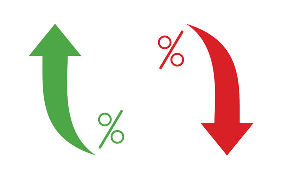 Increase and decrease arrows. Percentage change indicators. Financial growth and loss symbols. Green up red down curves. 
