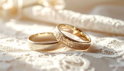 A shiny pair of golden wedding rings sits as a symbol of love and marriage on a white ceremony pillow atop a table for the bride and groom