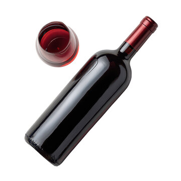 High-angle view of a sleek red wine bottle with a metallic red cap next to a filled glass of red wine ,isolated on transparent background