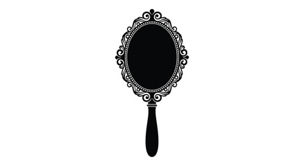 An ornate black hand mirror with a decorative frame and long handle is prominently displayed a striking silhouette high quality © ArtBySalea07