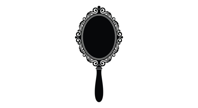 An ornate black hand mirror with a decorative frame and long handle is prominently displayed a striking silhouette high quality