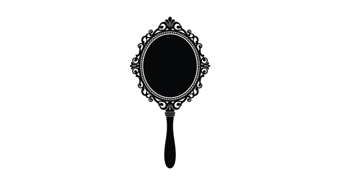 An ornate vintage hand mirror is depicted in a stark black presentation showcasing intricate detailing and a classic silhouette