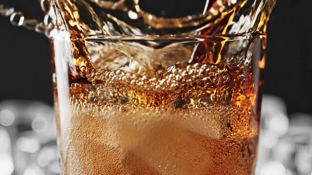 The glass holds a dark, fizzy beverage, showing bubbles rising in the drink. Ice cubes float within the glass, highlighting the refreshing nature of the fizzy beverage.