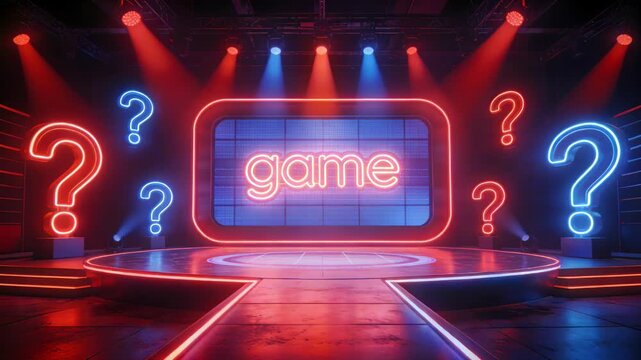 An vibrant scene features a game show set with neon question marks and the word game displayed. The setting is illuminated with red and blue lights, creating an atmosphere for entertainment