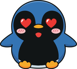 Obraz premium Digital illustration of a cute cartoon penguin with heart eyes and blush cheeks on a white background.